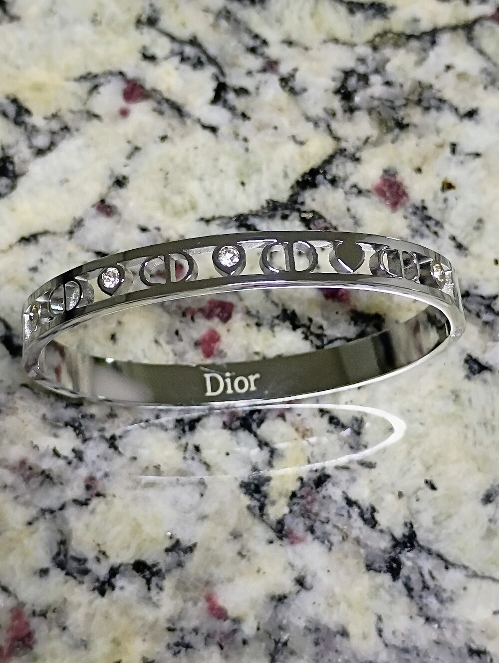 New Silver Logo Cutout Bangle with Crystal Accents